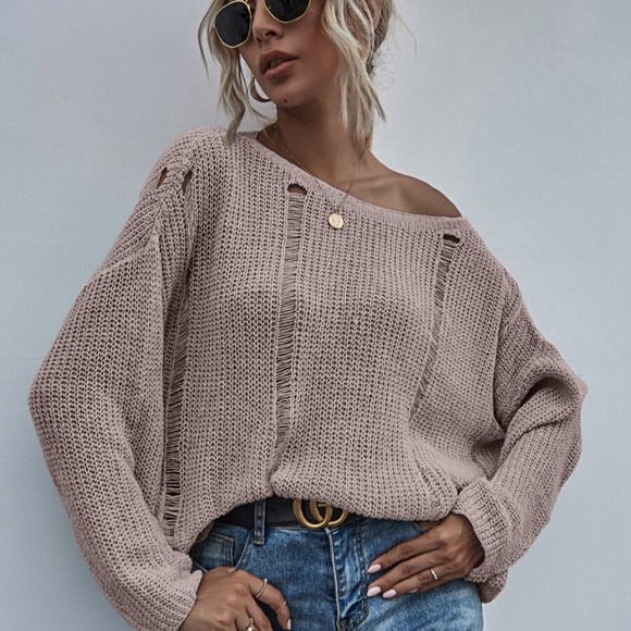 Grey off shoulder distressed oversize knit sweater - Picture 2 of 13